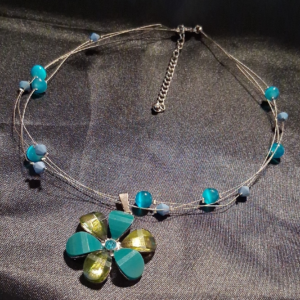 Elegant Blue and Green Floral 3 Layer Necklace On Cable Teal ,Blues & Sage Green